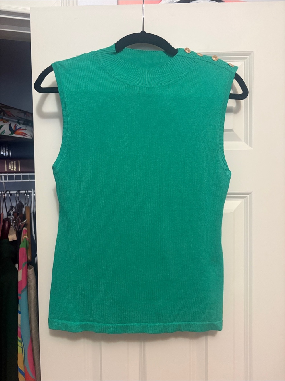 entro Emerald Green Sleeveless Knit Tank with Gold Shoulder Buttons